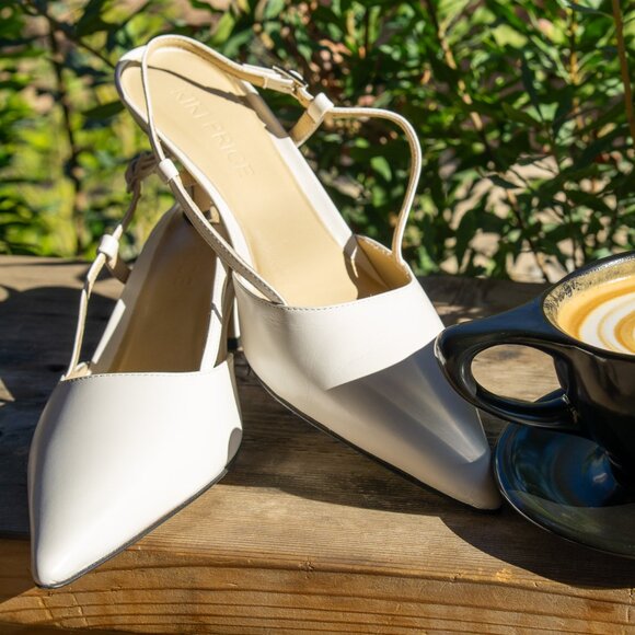 Sling Fling High White Heels – 55mm Leather Slingback Pumps, Comfortable - Picture 2 of 10